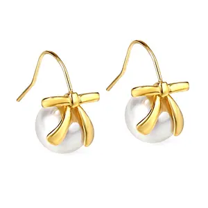 Clássico vintage moda jóias stud Bow Pearl 18K banhado a ouro lindo presente para presente festa ocidental brinco de casamento para homens Mulher