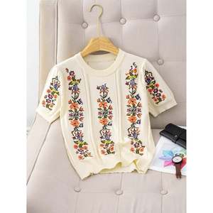 เสื้อสเวตเตอร์แขนสั้นปักลายดอกไม้สีแอพริคอตสำหรับผู้หญิง - Product Image 5