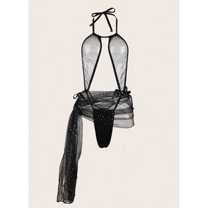 Black Wholesale Low Prices Three-Piece <b>Sexy</b> Sheer Nightgown Pure Desire Lingerie Women's Lace Cutout Halter Neck Two-Piece <b>Set</b> - Product Image 6