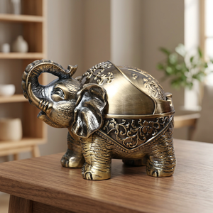 <b>Vintage</b> Brass Elephant Desktop <b>Ashtray</b> With Intricate Carving Design For Home Decor - Product Image 5