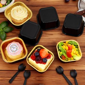 300ml Black Gold Square Color Pulp Moulding Food Grade Disposable <b>Containers</b> Plastic PP Lid Customizable Airline Catering Boxes - Product Image 4