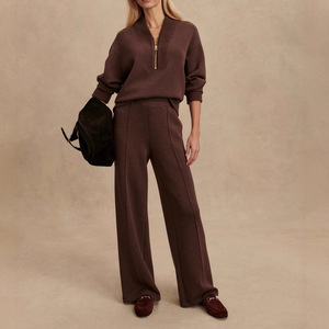 Completo da donna in maglia a <span class=keywords><strong>costine</strong></span>, giacca corta e pantaloni in <span class=keywords><strong>velluto</strong></span>, elegante set due pezzi di lusso con zip - Product Image 1