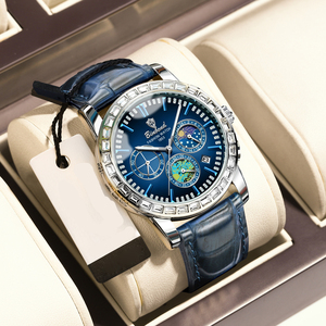 Montre-bracelet à quartz étanche BINBOND pour homme, 43 mm, avec cadran ciel étoilé, chronographe, bracelet en cuir et phase de lune - Product Image 1
