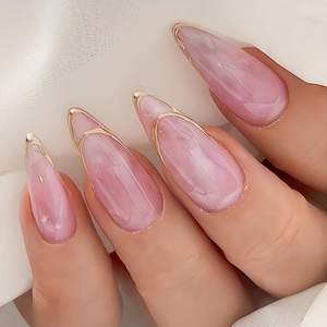24 pièces de faux ongles en marbre rose français doré, faux ongles en amande moyenne, fabricant de faux ongles, fournitures de manucure en gros - Product Image 6