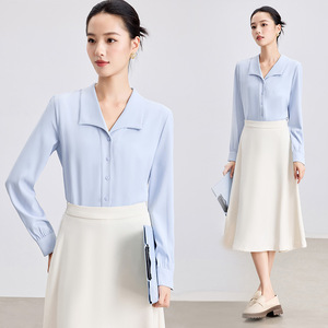 Women's White Shirt Black Skirt Set Long Sleeve Solid Color Anti-Wrinkle Professional Workwear Outfit - Product Image 2