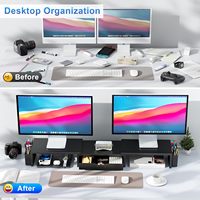 Support de Moniteur Double Extensible avec Organisateur de Bureau, Tiroir et 2 Porte-Stylos, Étagère Métallique pour Moniteur d'Ordinateur