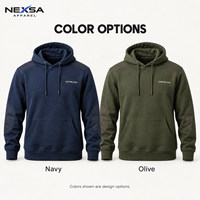 Hoodie robuste personnalisé en gros, bleu marine, avec patchs aux coudes, écusson aux épaules, motif graphique lettré, en coton, style workwear décontracté, fabricant
