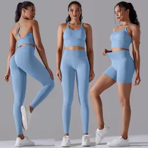 Roupas de ginástica sem costura da moda para mulheres, conjunto de ioga 3 peças, sutiã cross leggings sexy de alta elasticidade e respirável, conjunto de treino