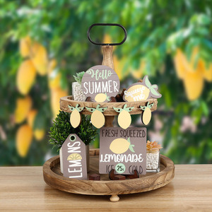 Summer Lemon Style Wooden Tiered Tray <b>Decoration</b> <b>Rustic</b> Country Farm <b>Decorative</b> <b>Home</b> Desktop Ornament Round Plant Pattern - Product Image 4