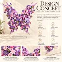 Rangka Bunga Kupu-kupu Kustom, Dekorasi Bunga PU Mawar dan Hydrangea Campuran dengan Stand Logam, Latar Belakang Photo Booth Pernikahan