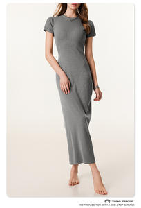 Women's Summer Casual Maxi <b>Dress</b> <b>Short</b> <b>Sleeve</b> T-<b>Shirt</b> with Round Neck Woven Split Stripe for Beach Vacation Travel Outfit - Product Image 3