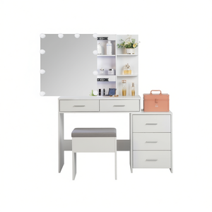 DB FCH Juego de tocador de maquillaje blanco con espejo iluminado, 5 bombillas, 2 estantes, muebles de dormitorio de diseño moderno - Product Image 1