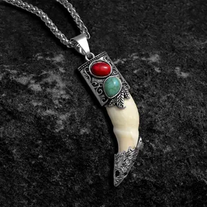 YX001Men's Bone Pendant Necklace Stainless Steel Necklace Tibet Amulet Fangs Real Natural Tooth Vintage Silver Fake wolf Tooth