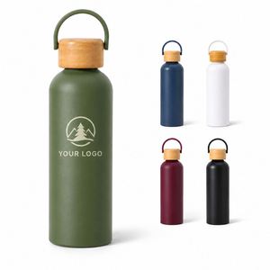 Bouteille d'eau en aluminium avec logo personnalisé, cadeau d'entreprise, avec couvercle en bambou, légère, réutilisable, bouteille de sport avec poignée de transport - Product Image 1