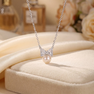 Collar de Perlas de Agua Dulce de Plata S925 con Colgante de Lazo de Circonita Cúbica, Joyería Dulce y Elegante, Regalo para Mujeres y Niñas - Product Image 4