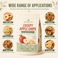Sachet à fond plat refermable de qualité alimentaire, imprimé sur mesure, prêt pour la vente au détail, pour chips croustillantes à la cannelle et aux pommes, avec fermeture à huit côtés
