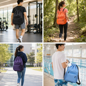 Mochila deportiva grande con cordón, 50x30x16cm, bolsillo frontal con cremallera de malla de nailon, bolsillo lateral para botella, correa ajustable, para gimnasio, escuela, 6 colores - Product Image 4