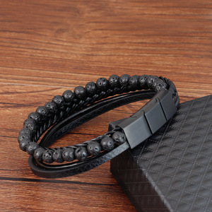 Thời Trang Nhiều Lớp Dệt Bện Vòng Đeo Tay Bằng Da Cho Nam Giới Đá Tự Nhiên Dung Nham Đính Cườm Vòng Đeo Tay Nam Bangles - Product Image 3