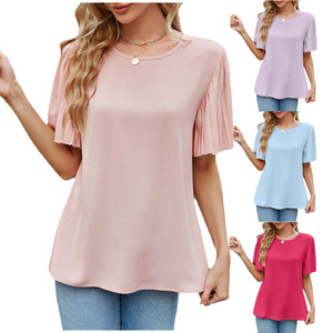 Camisa de Manga Corta con Cuello Redondo y Pliegues de Seda de Hielo para Mujer, a la Moda - Product Image 1