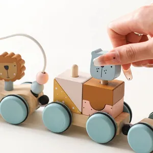 Wooden Montessori Toys Animal Block Dragging Stars Moon Surround Train Hand Coordination Stacking Toy Handmade Decoration Gifts