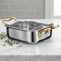 Plateau de service carré décoratif classique de luxe en acier inoxydable avec poignées dorées, finition brossée, compatible lave-vaisselle et micro-ondes