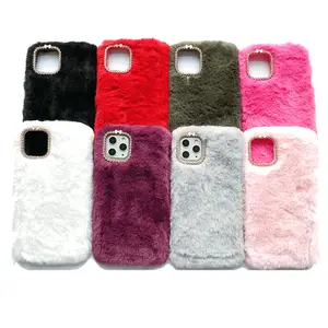 Fluffy Case Winter Warm Rabbit Fur hairy Fuzzy Plush Case with diamond camera cute fluffy phone case for iphone 12 13 pro max