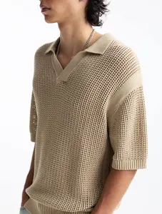 Custom Fashion Casual V-Neck Knit T-Shirt Short Sleeve Open-Knit Polo Shirt Men's Knit Tops