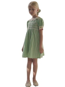 Vestido a Cuadros Verde para Niñas con Cuello Peter Pan de Encaje, Vestido de Algodón para Niñas con Mangas Cortas y Bordado - Product Image 3
