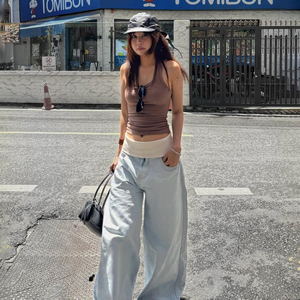 Vaqueros de pierna ancha de color azul claro con cintura tejida y dobladillo enrollado, pantalones vaqueros holgados de gran tamaño. - Product Image 6