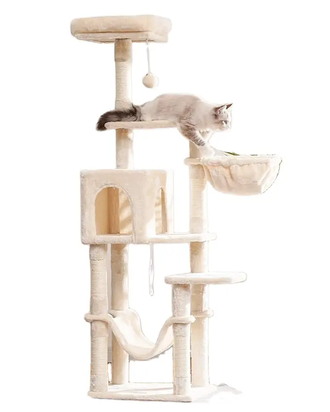 Beige Kattenboom Met Grote Hangmat: Kattentoren Met Meerdere Verdiepingen, Appartement Met Krabpalen En Topbaars