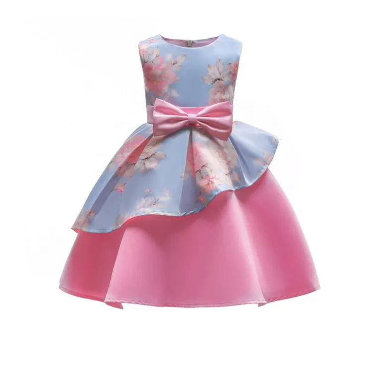 HDKZT2106 New Summer Baby Girls Dress Formal Party Costume With Bow Children Kids Dresses Girls Printing Princess Communion Gown