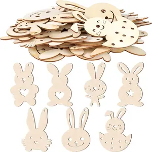 New 10pcs Wood Unfinished Easter Blank Rabbit Shaped Chips with Hanging Rope DIY Children's Painting Party Decoration Gift