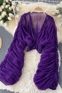 Blus dan Kemeja Wanita <span class=keywords><strong>Chiffon</strong></span> Kasual Modis, Atasan Pendek Warna Solid Lengan Lipat Model Bubble Musim Semi <span class=keywords><strong>2026</strong></span> Eropa Grosir - Product Image 6