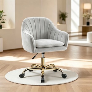 Cream <b>Velvet</b> Swivel <b>Office</b> <b>Chair</b> Adjustable Rolling Desk Seat Contemporary Vanity <b>Chair</b> Gold Base - Product Image 4
