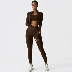 Premium Workout Sets for Women 3 Piece High Waisted Seamless <b>Leggings</b> <b>Crop</b> Top and Jacket Gym Yoga Outfit Stretchy Sports Bra - Product Image 1