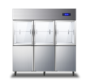 Réfrigérateur-congélateur de cuisine à double température, 6 portes, refroidissement direct, avec porte en verre et porte en acier inoxydable - Product Image 1