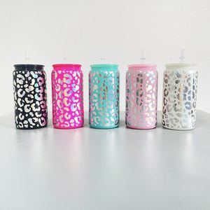16Oz <b>Vinyl</b> <b>Wrap</b> Decal Can Cheetah Print Beer Glass High Borosilicate Leopard Coffee Mug Cup With Plastic Lid - Product Image 2