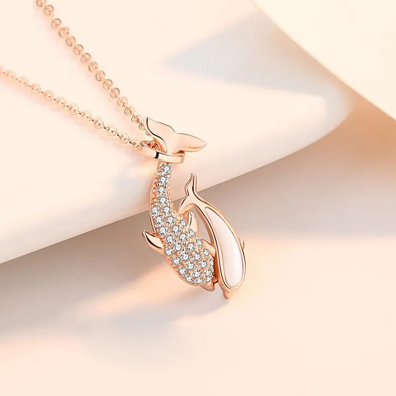 Romantic Dolphin Necklace for Women S925 Sterling Silver Layered Charm Clavicle Chain with Zircon Accents