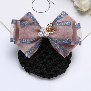 2024 moda mujer Bowknot Snood Net Hair Clip Bun Cover Hairnet con decoración de lazo de encaje - Product Image 4