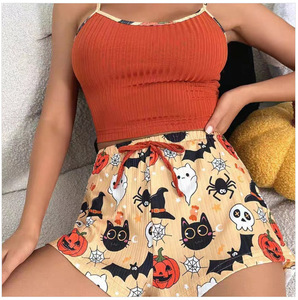 Vêtements de détente côtelés femmes ensembles personnalisés Halloween citrouille imprimé sans manches haut à bretelles Shorts maison vêtements femmes pyjamas ensemble - Product Image 1