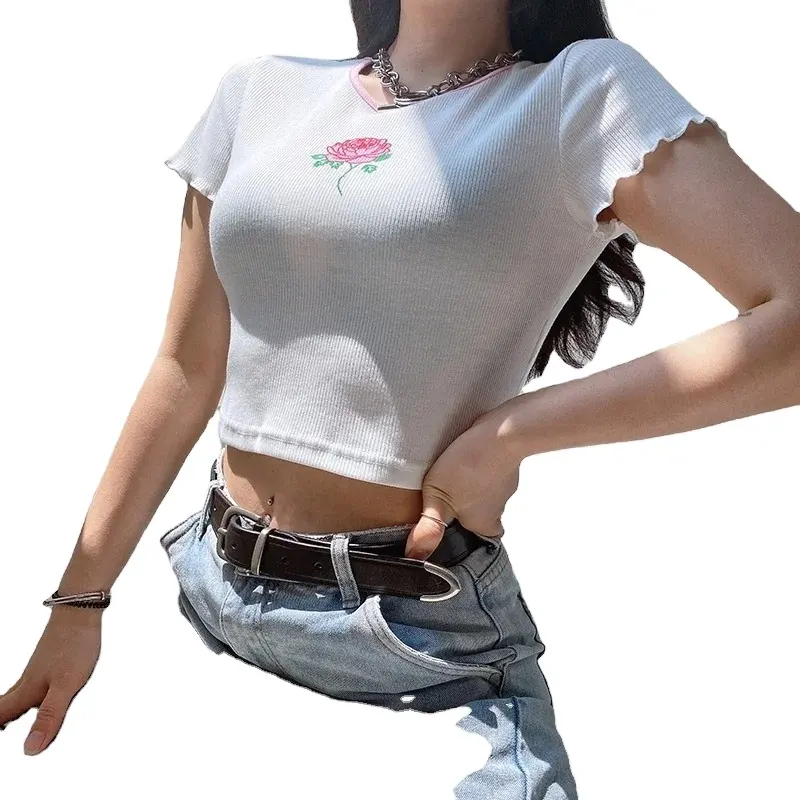 흰색 귀여운 짧은 소매 크롭 탑 티셔츠 캐주얼 패션 기본 티셔츠 여성 인쇄 여름 티셔츠 면 2020