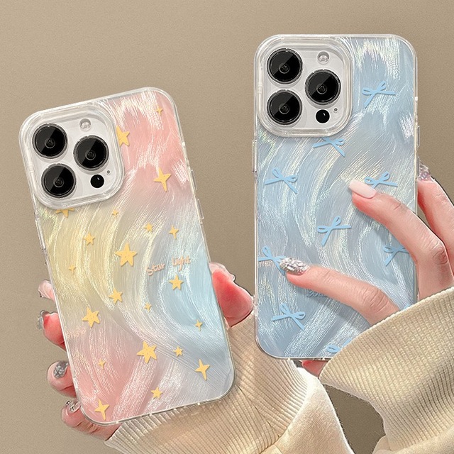 Unique Feather Star Bow Laser Mobile Phone Case with Big Holes for iPhone 17 16 15 14 13 12 Pro Max Stylish Card Holder Phone