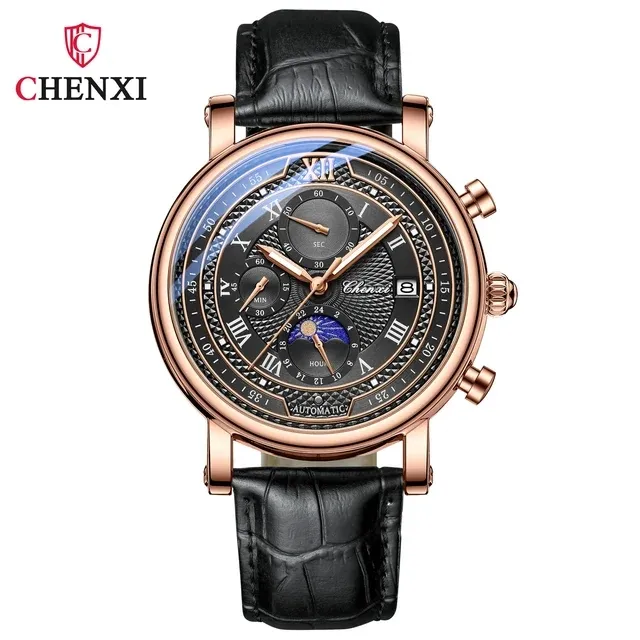 Chenxi 976 moda in pelle cronografo data da uomo fase della luna Business orologio al quarzo luminoso Relojes Para Hombres