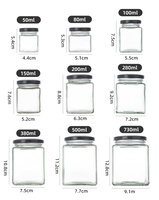 Pot en verre carré vide de 50 ml à 730 ml, prix usine, pot à épices en verre avec couvercle, pot de stockage de miel en verre avec couvercle, étiquette autocollante personnalisée