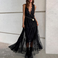 Robe longue trapèze vintage en mousseline de soie noire transparente pour femme, chic, avec col en V profond et bordure en cils, jupe à volants, pour l'hiver 2026