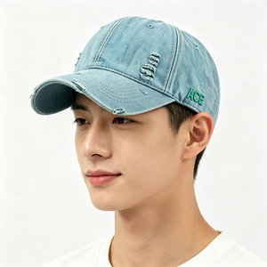 Casquette Dad Hat Unisexe en Coton Délavé Effet Vieilli à 6 Panneaux avec Broderie ACE, Visière Courbée et Effet Usé, Style Décontracté à Lettres Courtes - Product Image 1