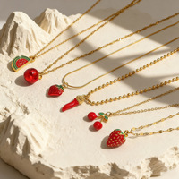Kalung Liontin Buah Berlapis Emas 18K Baja Tahan Karat Novirassine Semangka Ceri Stroberi Enamel Lucu Boho Manis untuk Wanita
