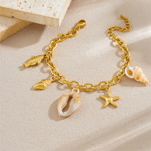 Ocean Style Gold Plated Charm Bracelet With Conch Carp Starfish Seashell Pendant Women's Jewelry - Product Image 2