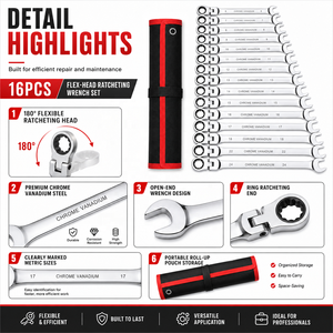 Jeu de Clés Mixtes à <span class=keywords><strong>Cliquet</strong></span> à Tête Articulée 16 Pièces, Kit de Clés Combinées en Acier Chrome Vanadium, Outil à Main Professionnel - Product Image 5