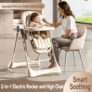 2-in-1 Electric Baby High Chair &amp; Rocker, Foldable Recliner, Swivel Wheels, Double Tray, <strong>Toy</strong> Frame, Dolls, Colorful Light Screen - Product Image 5